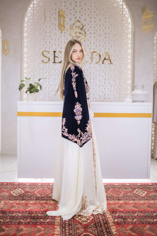 Velvet Noor Embellished Velvet Kaftan – Navy