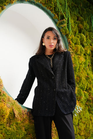 Elara Structured Tweed Blazer – Black