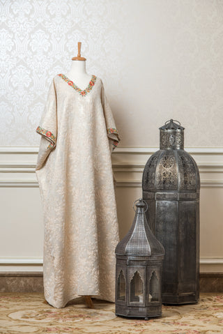 Cream Jacquard Silk Kaftan with Gold Leaf Motif