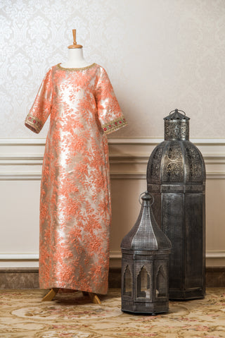 Peach & Gold Maharaja Jacquard Silk Kaftan with Embroidery