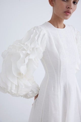 Silk-Linen Midi Dress with Sculptural Ruffle Sleeves – White