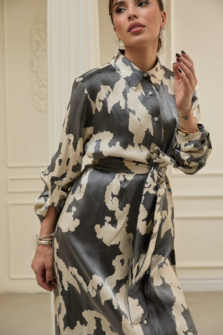 Neris Metallic Satin Shirt Dress – Graphite and Cream