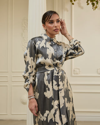 Neris Metallic Satin Shirt Dress – Graphite and Cream