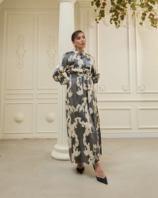 Neris Metallic Satin Shirt Dress – Graphite and Cream