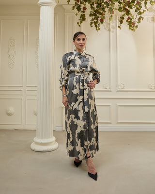 Neris Metallic Satin Shirt Dress – Graphite and Cream