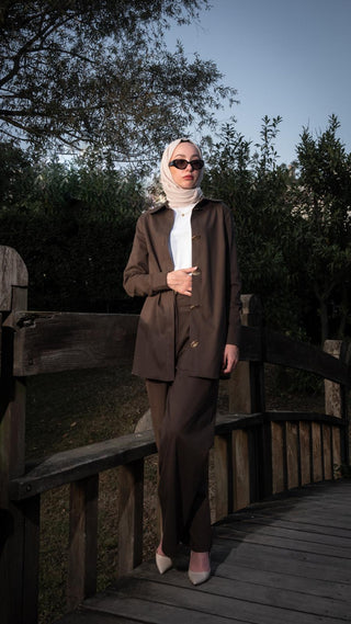 Buttoned Shirt and Wide-Leg Pants Set – Brown