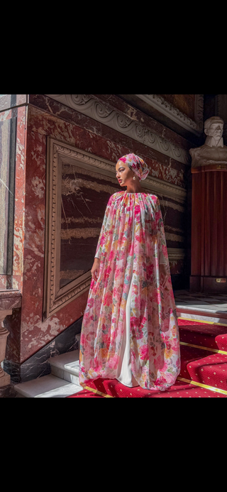 Floral Maxi Cape Overlay Dress with Matching Hijab