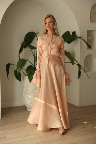 Blush Satin Ruffle Gown – Orchid Dress