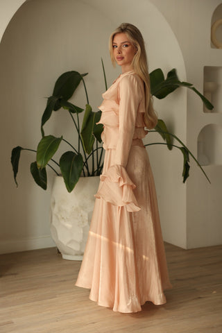 Blush Satin Ruffle Gown – Orchid Dress