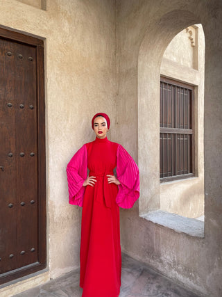 Fémeniste – Red & Fuchsia Pleated Sleeve Maxi Dress | Modest Luxury