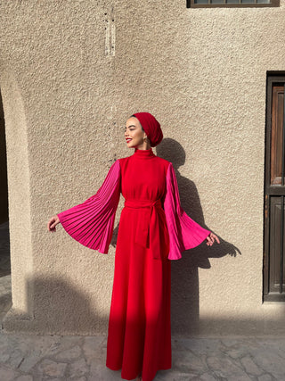 Fémeniste – Red & Fuchsia Pleated Sleeve Maxi Dress | Modest Luxury