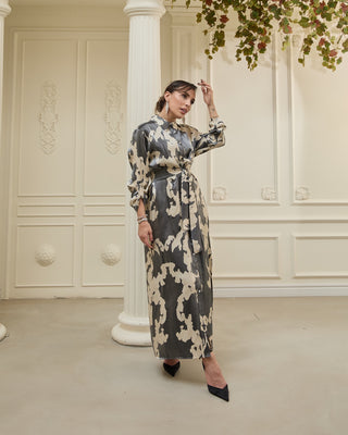 Neris Metallic Satin Shirt Dress – Graphite and Cream
