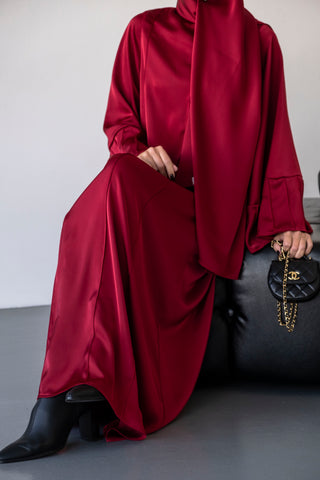 Elegant Burgundy Satin Abaya Set