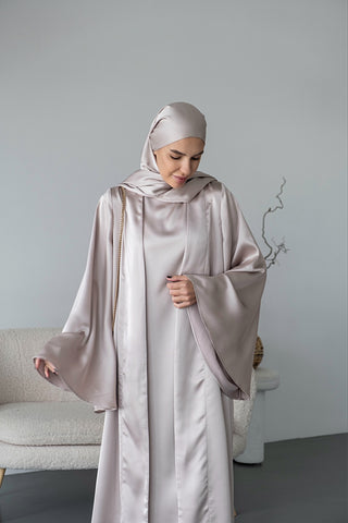 Satin Butterfly Abaya Set with Inner Dress and Scarf