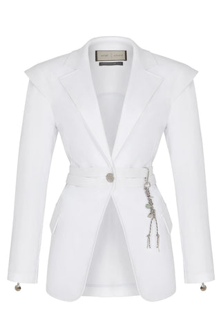 Catalina Belted Blazer with Chain Detail – White