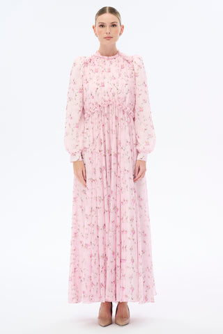 Gathered Neck Floral Maxi Dress - Pink