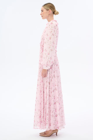 Gathered Neck Floral Maxi Dress - Pink