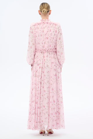 Gathered Neck Floral Maxi Dress - Pink