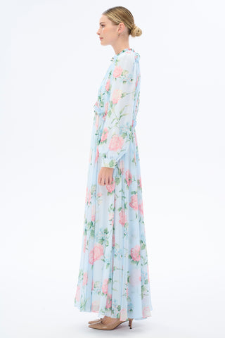 Gathered Neck Floral Maxi Dress - Blue