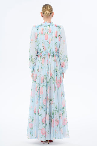 Gathered Neck Floral Maxi Dress - Blue