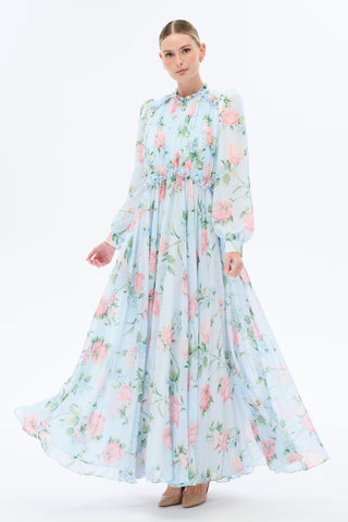 Gathered Neck Floral Maxi Dress - Blue