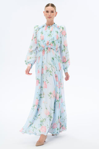 Gathered Neck Floral Maxi Dress - Blue
