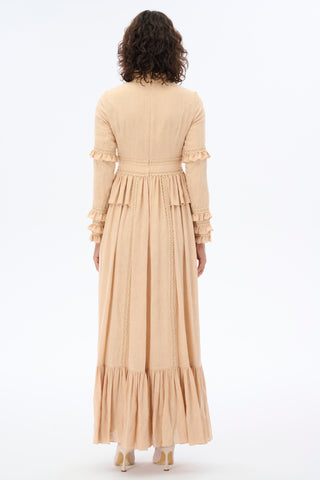High-Neck Lace-Trimmed Maxi Dress - Beige