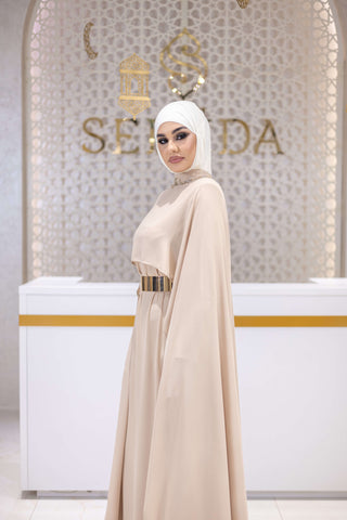 Sultan Silk Cape-Sleeve Gown – Beige