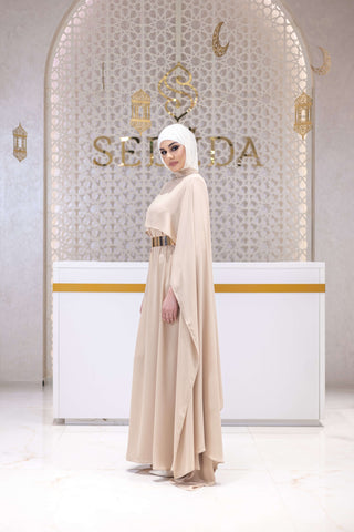Sultan Silk Cape-Sleeve Gown – Beige
