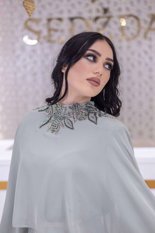 Majestic Flame Cape-Sleeve Georgette Gown – Silver