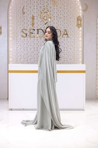 Majestic Flame Cape-Sleeve Georgette Gown – Silver