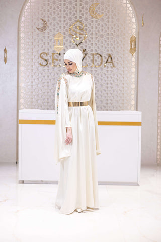 Celestial Bloom Embellished Satin Gown – White