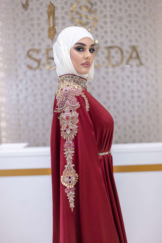 Galaxy Bloom Embellished Satin Gown – Red