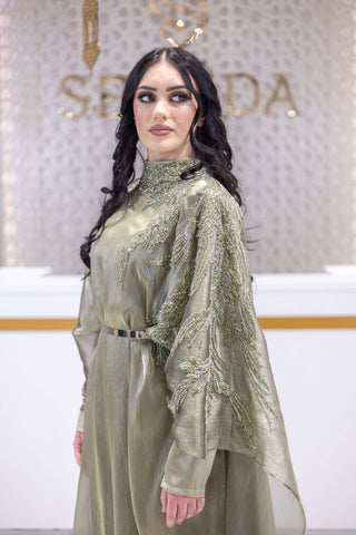Desert Bloom Embellished Abaya – Olive Green