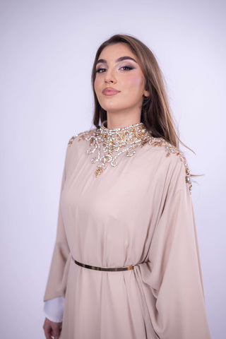 Velvet Moon Embellished Abaya – Beige