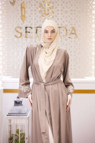 Sacred Gold Embellished Abaya – Beige