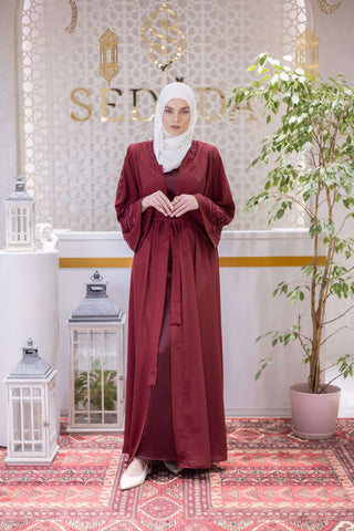 Crystal Veil Embellished Abaya – Red