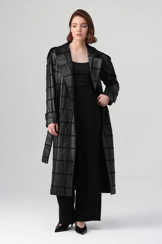 Riva Leather-Detail Coat – Black