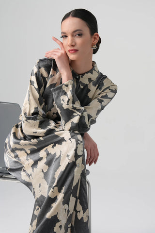 Neris Metallic Satin Shirt Dress – Graphite and Cream