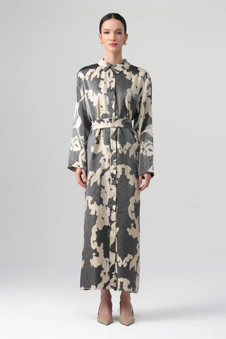 Neris Metallic Satin Shirt Dress – Graphite and Cream