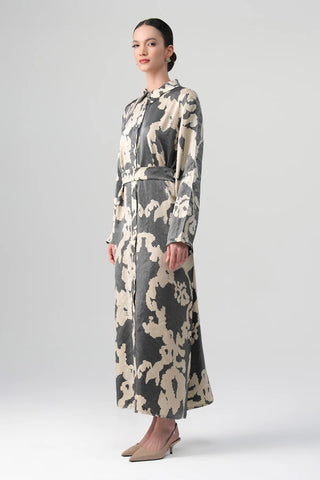 Neris Metallic Satin Shirt Dress – Graphite and Cream