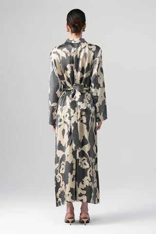 Neris Metallic Satin Shirt Dress – Graphite and Cream