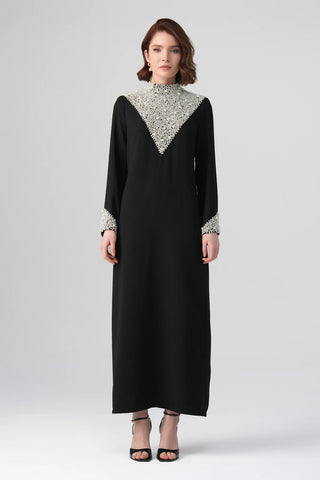 Celina Pearl-Embellished Satin Dress – Black