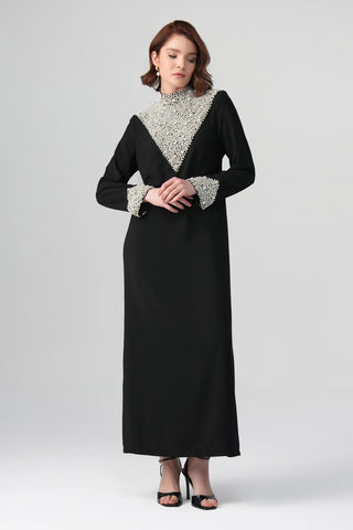 Celina Pearl-Embellished Satin Dress – Black