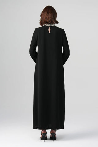 Celina Pearl-Embellished Satin Dress – Black