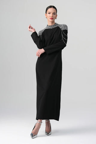 Mirella Crystal Draped Shoulder Dress – Black