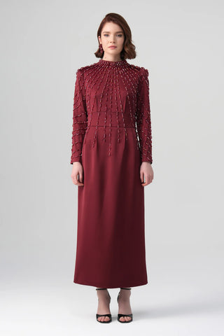 Rubina Embellished Neck Dress – Bordeaux