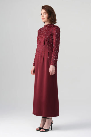Rubina Embellished Neck Dress – Bordeaux