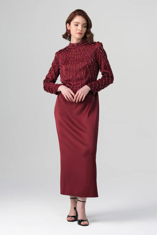 Rubina Embellished Neck Dress – Bordeaux