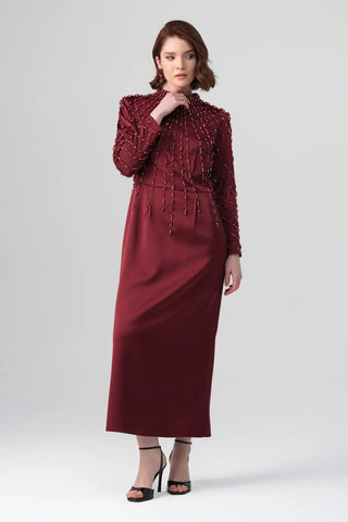 Rubina Embellished Neck Dress – Bordeaux